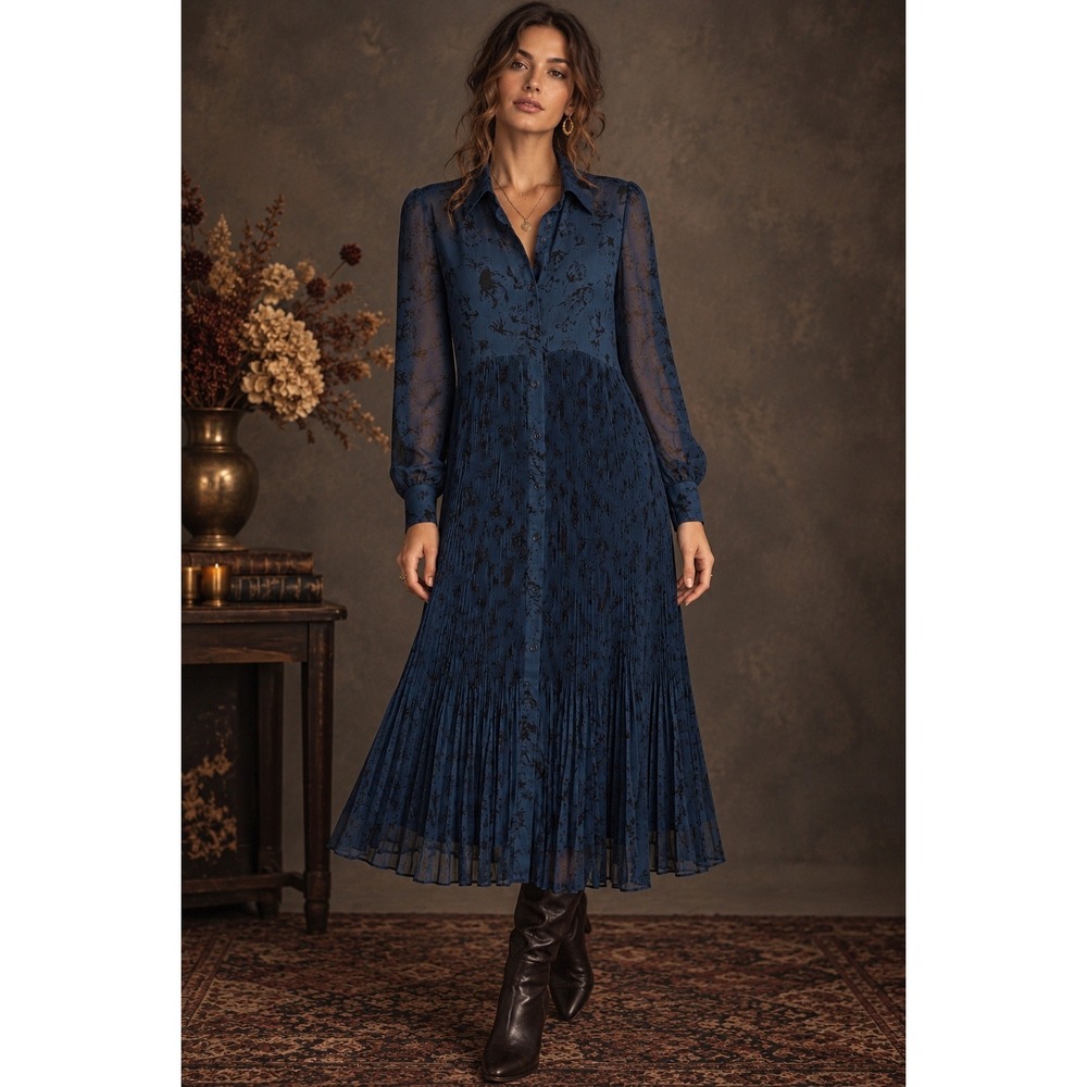 Halogen Navy Blue Floral Pleated Midi Shirt Dress Long Sleeve Size M Victorian